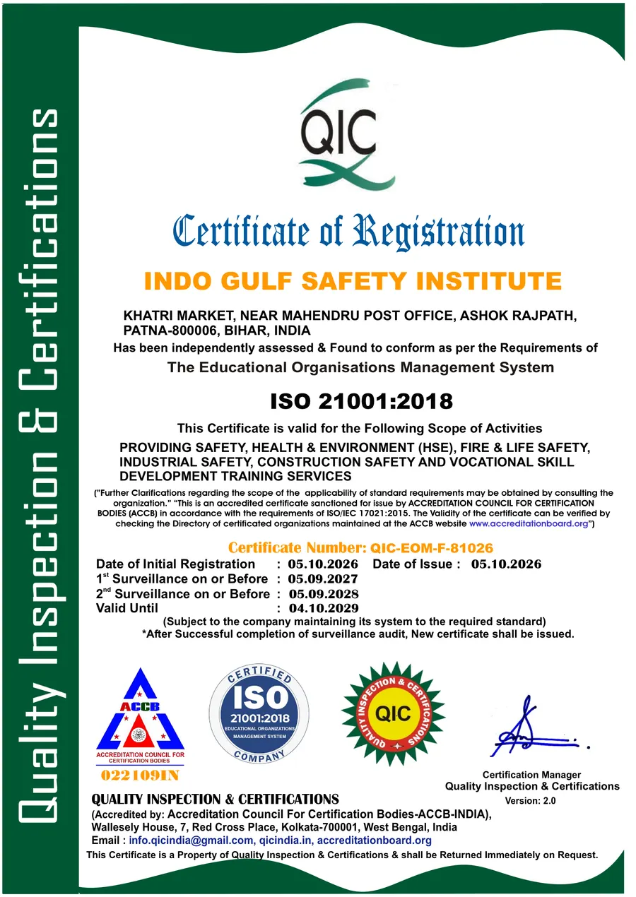 ISO 21001:2018 Certificate of Registration issued to INDO GULF SAFETY INSTITUTE by Quality Inspection & Certifications, certificate number QIC-EOM-F-81026