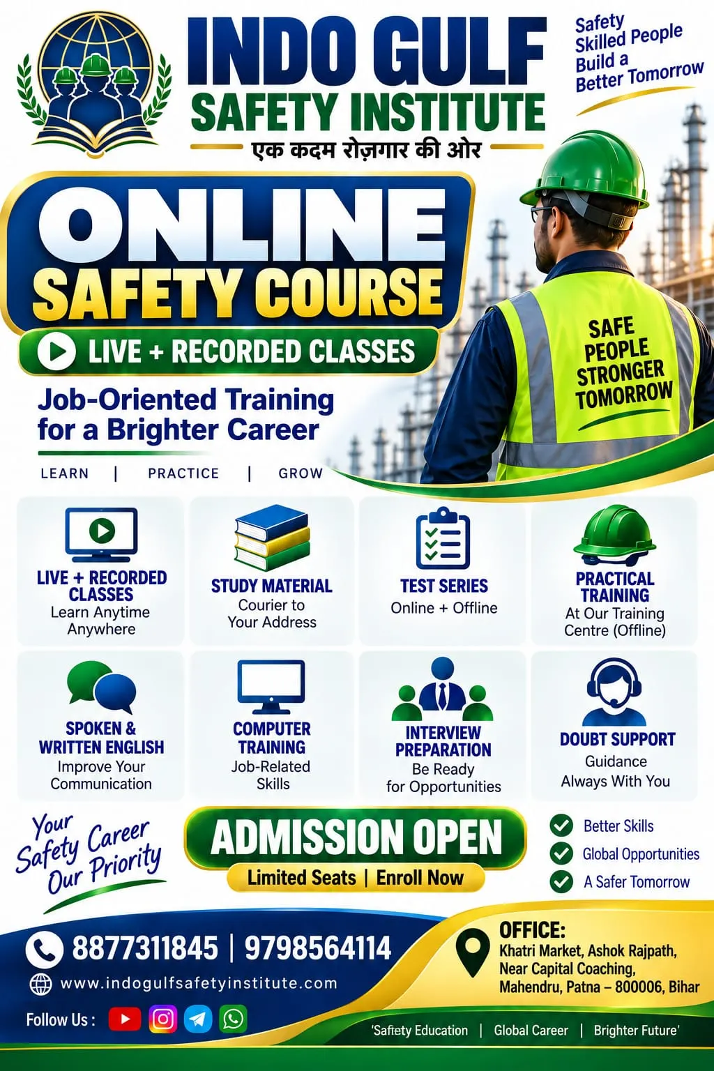 Online Safety Course poster: live and recorded classes, study material, test series and practical training