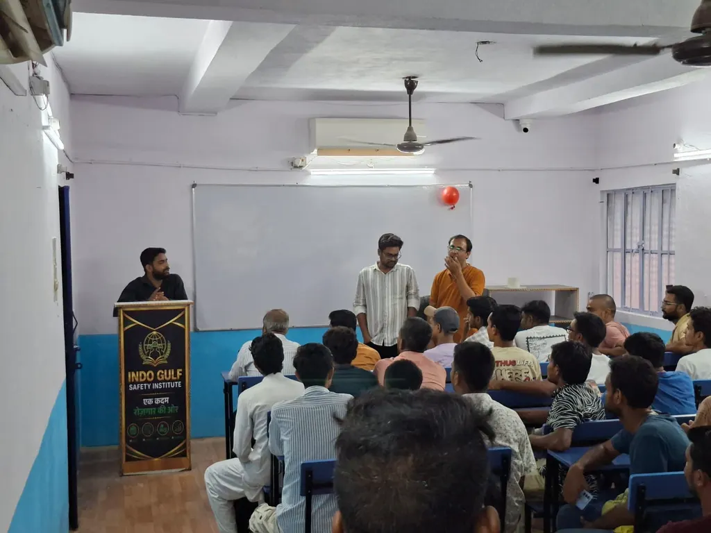 Faculty members addressing students in a classroom at INDO GULF SAFETY INSTITUTE, beside the institute podium